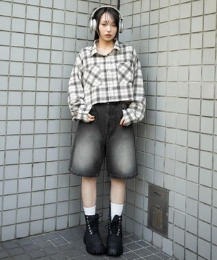 WEGO チェックショートネルシャツ ホワイトアイボリー