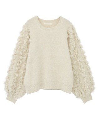 Green Parks ・ｆｕｒｒｙ　ｒａｔｅ　ラメフェザー袖フリンジニット Off White