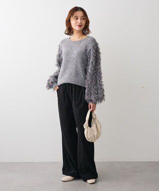 Green Parks ・ｆｕｒｒｙ　ｒａｔｅ　ラメフェザー袖フリンジニット Gray