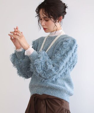 Green Parks ・ｆｕｒｒｙ　ｒａｔｅ　ラメフェザー袖フリンジニット Blue