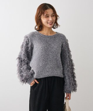 Green Parks ・ｆｕｒｒｙ　ｒａｔｅ　ラメフェザー袖フリンジニット Gray