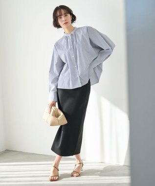 UNFILO 【新色追加】ギャザーワイドシャツ ネイビーストライプ