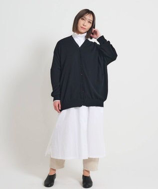 muuc 〈洗える極上メリノウール〉Vネックオーバーサイズカーディガン〈ゆったり体型カバー〉〈アンサンブル可能〉〈透かし編み〉 ブラック