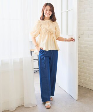 Feroux リボンギャザー ブラウス ライトイエロー系