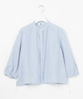 J.PRESS LADIES 【洗える・接触冷感・吸水速乾】麻STRIPE バンドカラー シャツ ブラウス サックスストライプ系