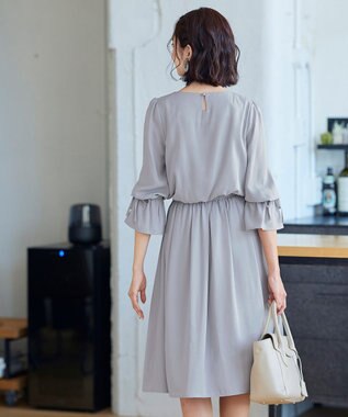 Tiaclasse 【洗える】女性らしさ引き立つリボン袖ギャザーワンピース サックスグレー