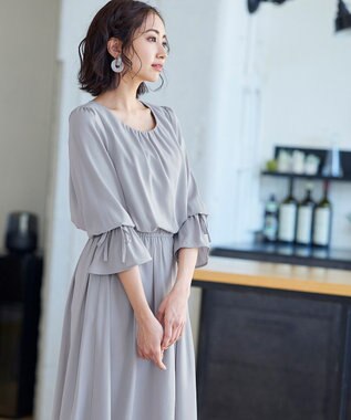 Tiaclasse 【洗える】女性らしさ引き立つリボン袖ギャザーワンピース サックスグレー