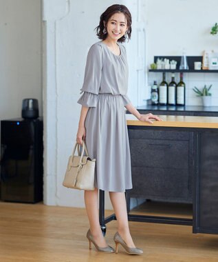 Tiaclasse 【洗える】女性らしさ引き立つリボン袖ギャザーワンピース サックスグレー