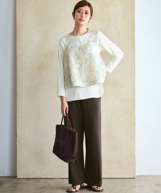 23区 L 【洗える】サテン ロングスリーブ Tシャツ アイボリー系