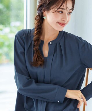 Tiaclasse L 【新色追加・洗える】バンドカラー2WAYタックブラウス ブルー