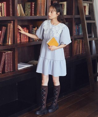 earth music&ecology バックリボンパフスリーブミニワンピース Grayish Blue