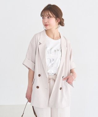 earth music&ecology 【セットアップ対応】リネンライクダブルジャケット Stripe Ivory