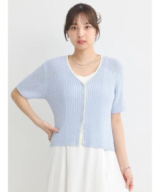 earth music&ecology バイカラーＶネックカーディガン Light Blue