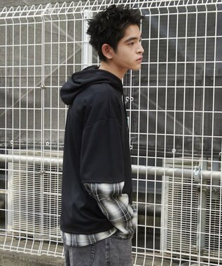 WEGO チェックレイヤードパーカー ブラック