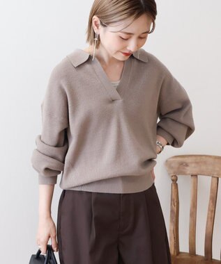 AMERICAN HOLIC バイパチ片畦衿付きニットプルオーバー Gray Beige