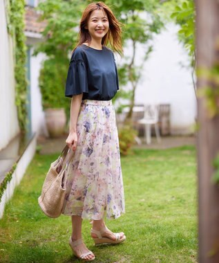 ANY SIS シルケットストライプ フレアスリーブ カットソー ネイビー