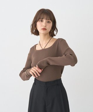 earth music&ecology 【洗濯機洗い可】スクエアホルターネックリブプルオーバー Brown