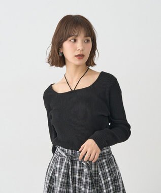 earth music&ecology 【洗濯機洗い可】スクエアホルターネックリブプルオーバー Black