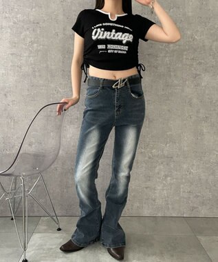 WEGO 配色サイドギャザーVネックT ブラック