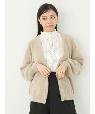 earth music&ecology ミニシャギーＶネックカーディガン Beige