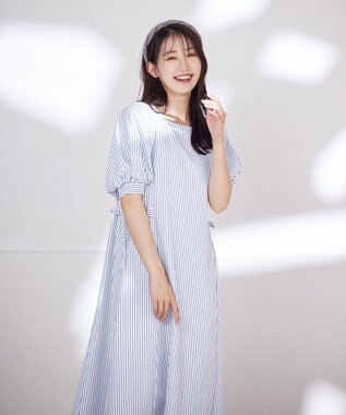 Tiaclasse 【洗える】バルーンスリーブサイドギャザーワンピース ブルーストライプ