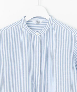 J.PRESS LADIES 【洗える・接触冷感・吸水速乾】麻STRIPE バンドカラー シャツ ブラウス サックスストライプ系