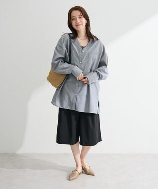 Green Parks 綿麻混Ｖネックオーバーサイズシャツ Gray