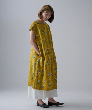 muuc 〈コットン×リネン〉〈高品質なドライタッチ生地〉野小花刺繍ゆったりワンピース イエロー