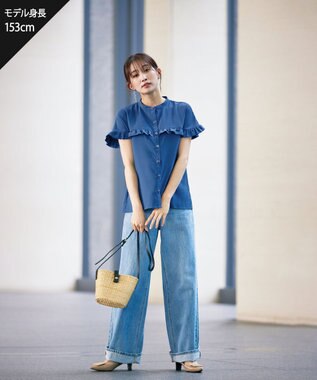 Tiaclasse L 【洗える】ケープ風フリルスリーブブラウス ブルー