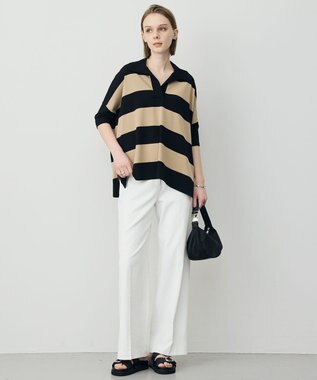 ICB 【先行予約】VIS/NYハイゲージ 半袖ボーダーポロニット ベージュ×ブラックボーダー