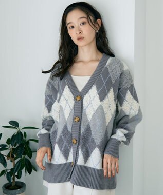 earth music&ecology ループ編みアーガイルカーディガン Gray
