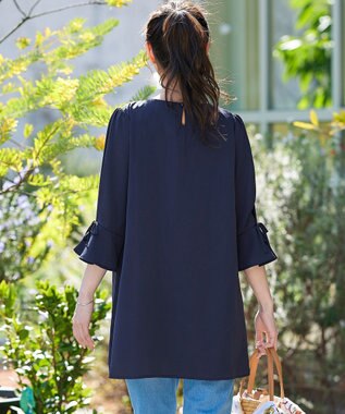 Tiaclasse L 【洗える】リボン付きタックスリーブチュニックブラウス ネイビー