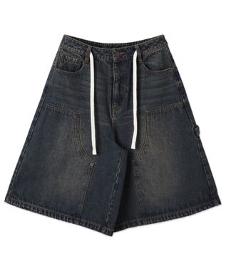WEGO ウエストドロストダブルニーバギーハーフパンツ デニム中濃加工色