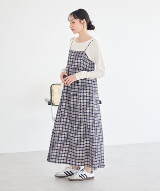 earth music&ecology シャーリングラメチェックキャミワンピース Navy