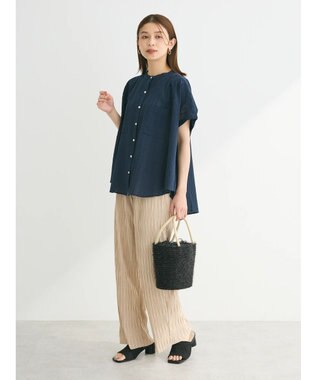 Green Parks インド綿  バンドカラーデザイン５分袖シャツ Dark Navy