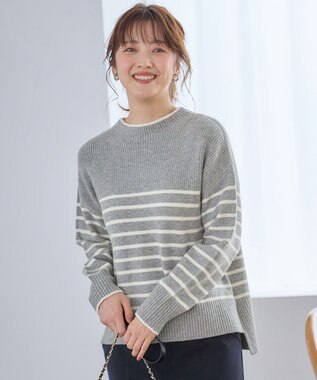 ANY SIS 【洗える】アンゴラブレンド ニット グレー×オフボーダー