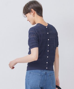 組曲 【WEB限定カラーあり】コットンポリエステル 編み柄カーディガン ネイビー系