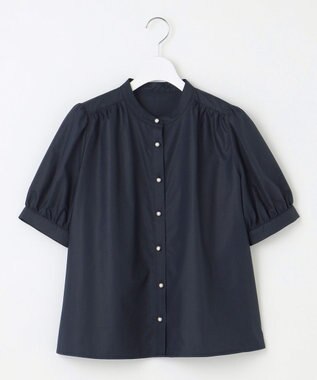 Feroux 【洗える】バンドカラーパールボタン ブラウス ネイビー系