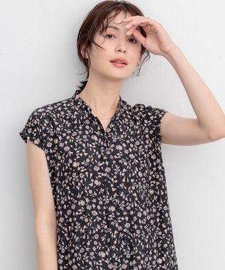 組曲 L 【WEB限定】ギャザーライトデシン ティアードワンピース ブラック×ピンクフラワー系