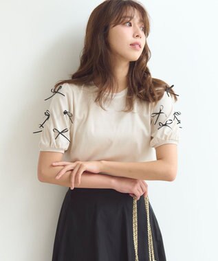 Feroux 【洗える】ランダムリボン カットソー ベージュ系