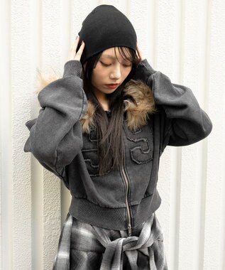 WEGO ファーフードショートZIPパーカー スミクロ