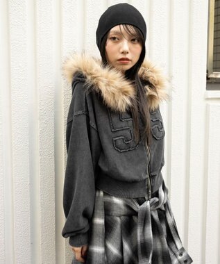 WEGO ファーフードショートZIPパーカー スミクロ