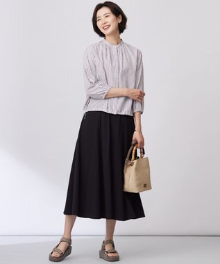 J.PRESS LADIES 【洗える・接触冷感・吸水速乾】麻STRIPE バンドカラー シャツ ブラウス ブラウンストライプ系