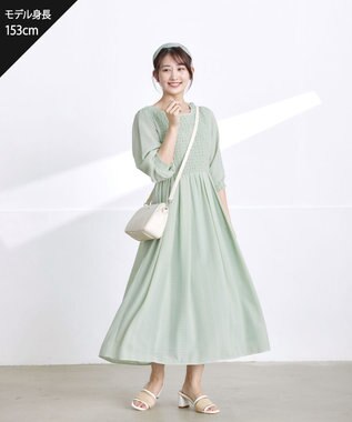 Tiaclasse 【洗える】シャーリングパフスリーブシアーワンピース ミント