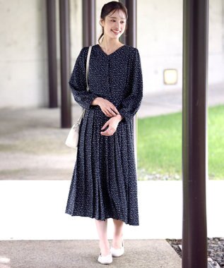 Tiaclasse 【洗える・新色追加】パフスリーブプリーツワンピース ネイビー