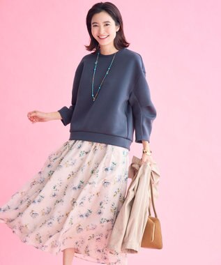 自由区 L エアリーローン花柄プリント スカート ベージュ×ブルー