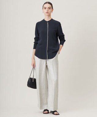 ICB L 【UVケア・速乾・洗える】BackSatinAmunzen バンドカラーブラウス ネイビー系