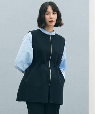 UNFILO 【セレモニー】バンドカラー タックブラウス ブルーストライプ