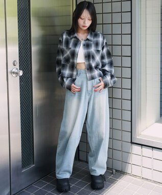 WEGO チェックショートネルシャツ ブラック