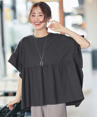 Tiaclasse 【洗える】ギャザー切り替えフレアプルオーバー チャコールグレー